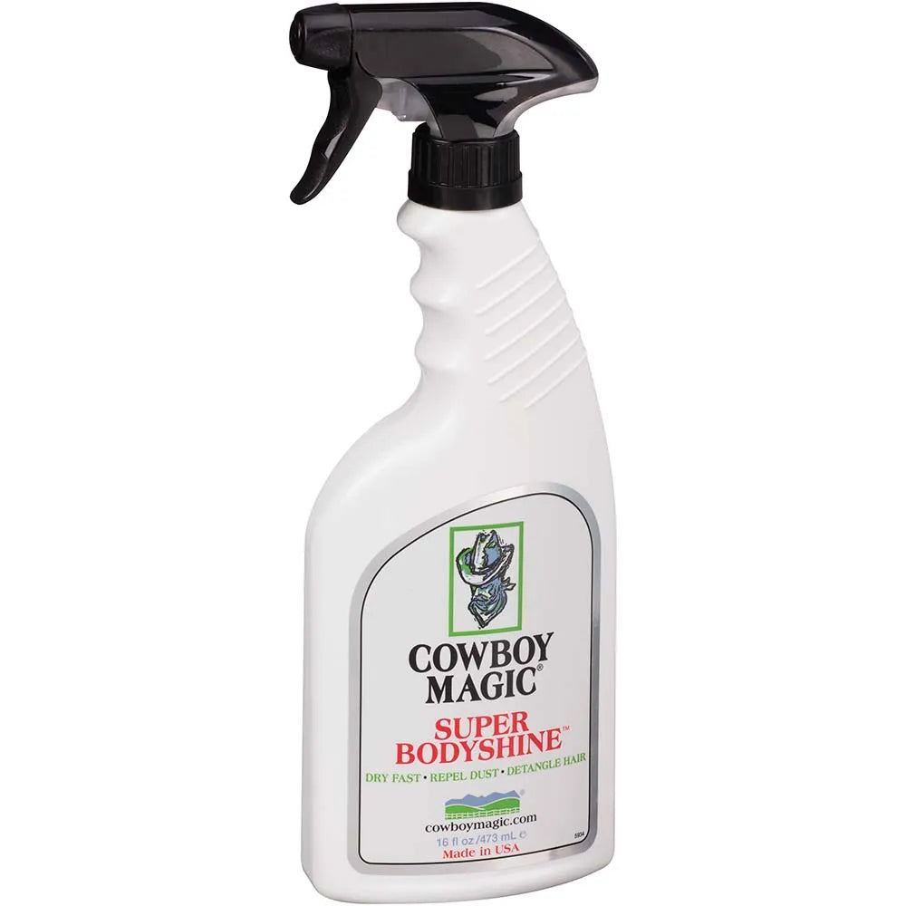 Cowboy Magic Super Bodyshine spray bottle for horses on a white background