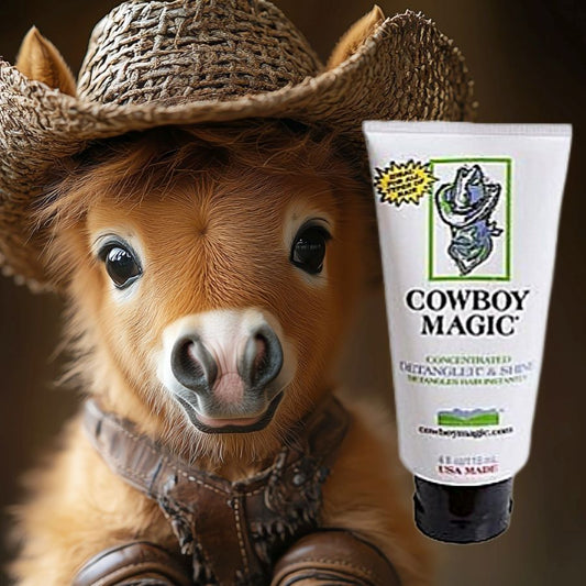 A miniature horse wearing a cowboy hat with a 'Cowboy Magic' Detangler and Shine Serum product in front