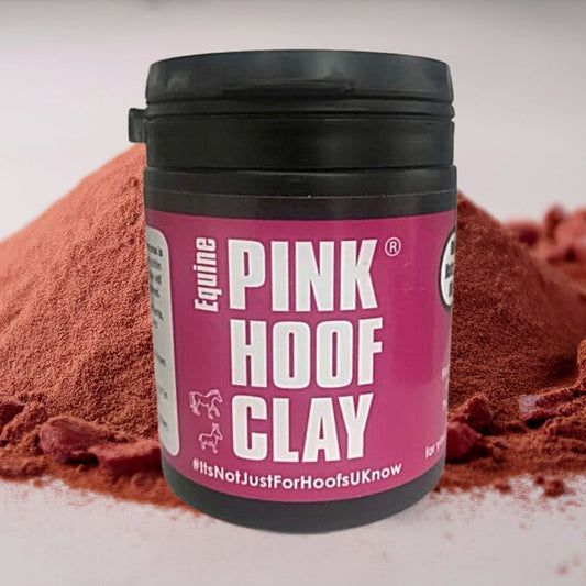 Jar of Equine Ecohoof Pink Hoof Clay with pink clay in the background
