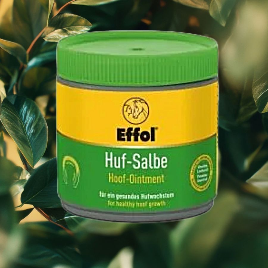 Green jar of Effol Hoof Ointment for horses with a yellow label on a green leafy background