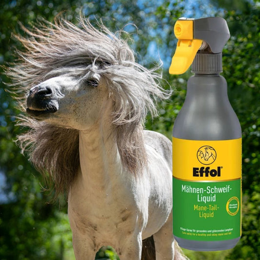 Horse with a bottle of Effol Mane-Tail Liquid