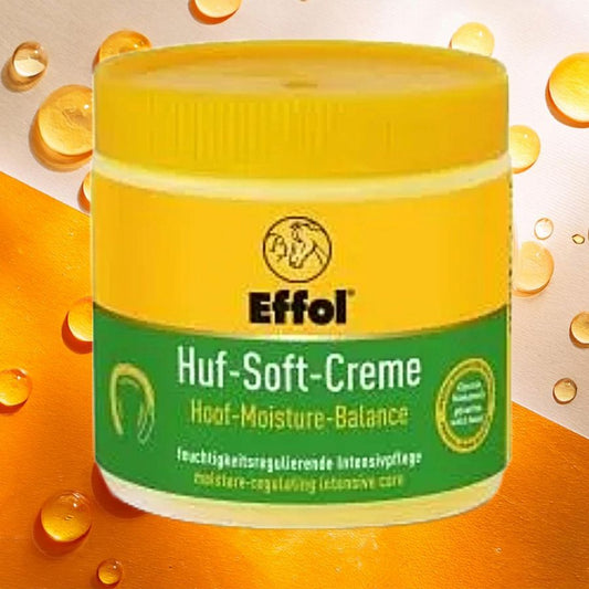 Jar of Effol Hoof-Soft-Cream on a textured orange background
