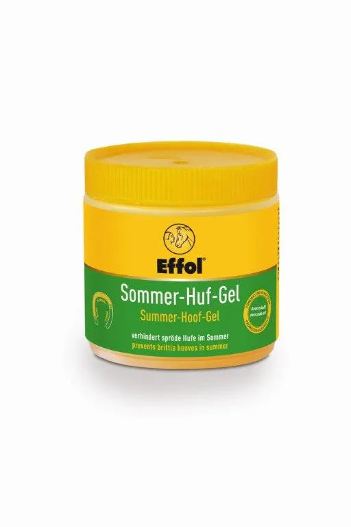 Yellow and green jar of Effol Summer Hoof-Gel for horses on a white background