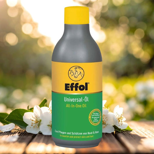 Bottle of Effol Universal oil with a yellow cap and green label on a blurred natural background.