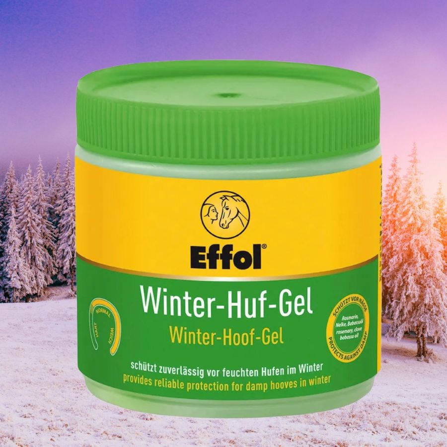 Green and yellow jar of Effol Winter-Hoof-Gel with a winter landscape background