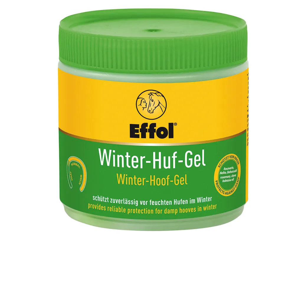 Green and yellow jar of Effol Winter-Hoof-Gel on a white background
