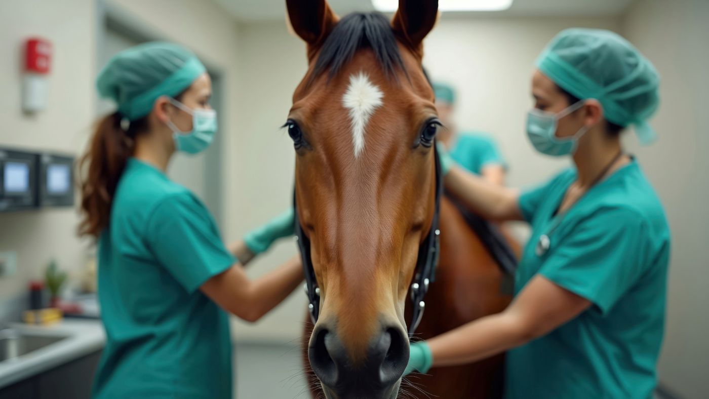 Horse being examined by two veterinarians in a clinic setting