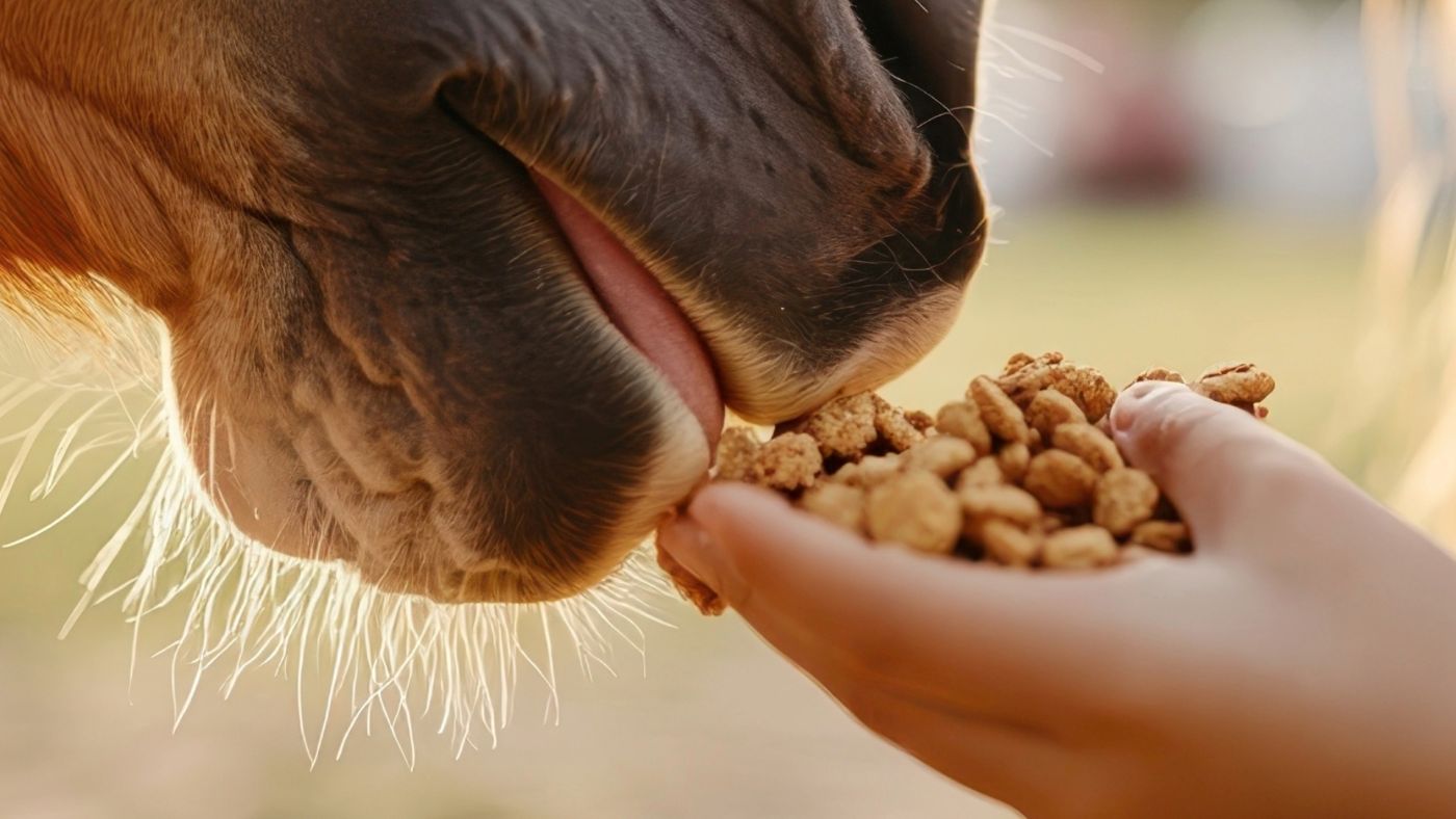 Horse's mouth and tongue reaching towards a hand holding horse feed