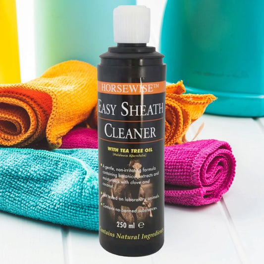 Horsewise Easy Sheath Cleaner bottle with colorful cloths in the background
