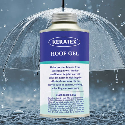 Keratex Hoof Gel can with an umbrella and rain in the background