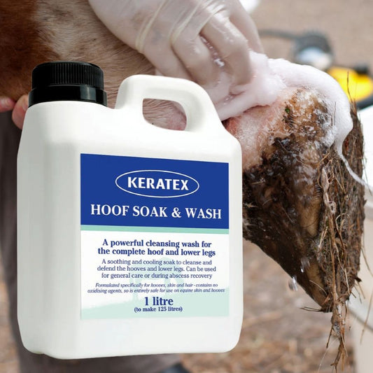 Keratex Hoof Soak & Wash bottle with a horse hoof being cleaned in the background