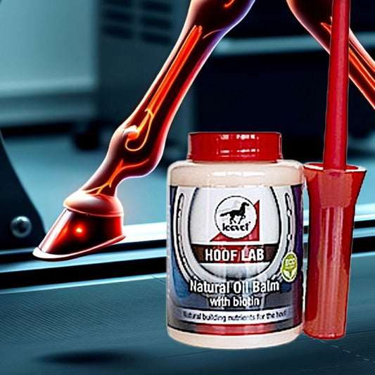 Hoof Lab natural hoof oil balm with a red hoof brush on a blurred background