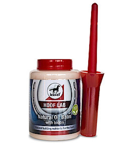Hoof Lab natural hoof oil balm with a red applicator on a white background
