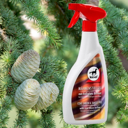 Leovet Coat Sheen for horses with cedarwood tree in the background