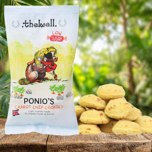 Bag of Thelwell Ponio's Carrot Chip Cookies with cookies on a wooden surface and greenery in the background