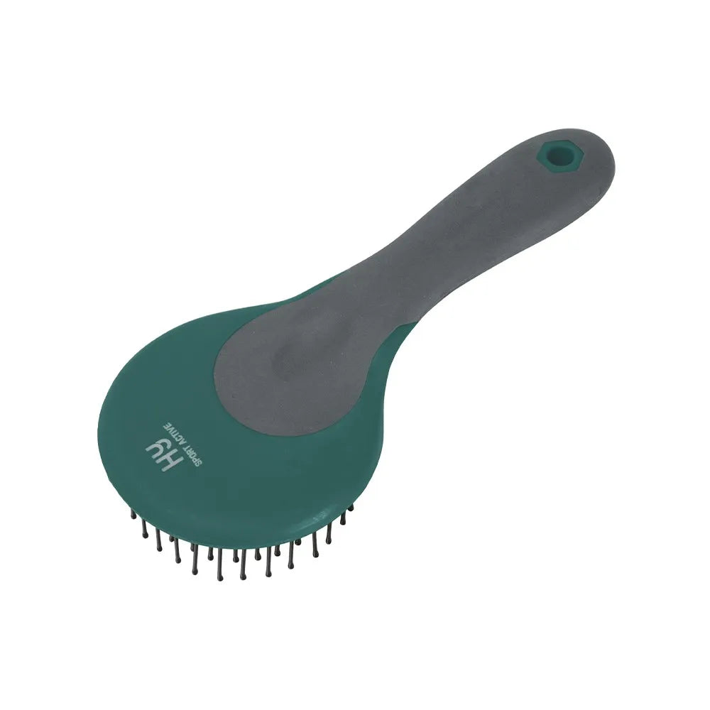 Green and grey horse tail grooming brush on a white background