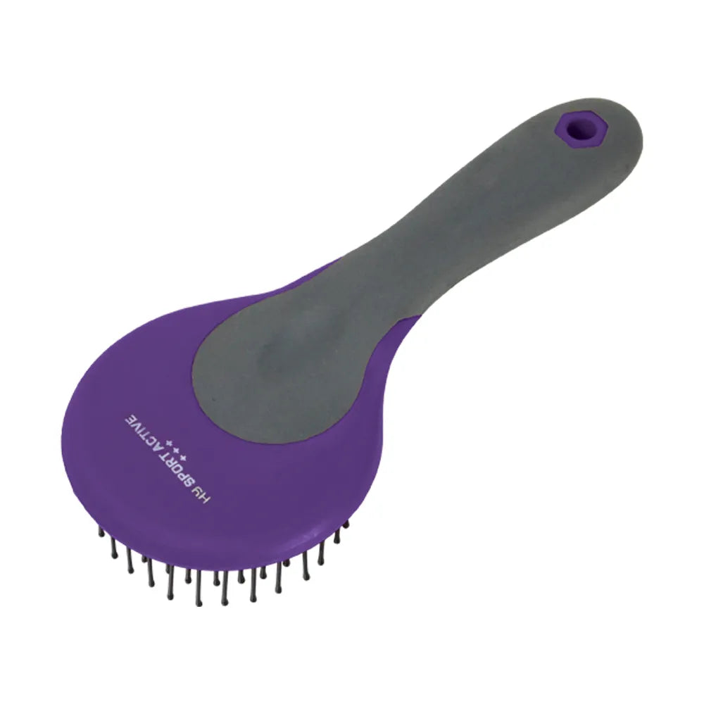 Purple and grey horse tail grooming brush on a white background