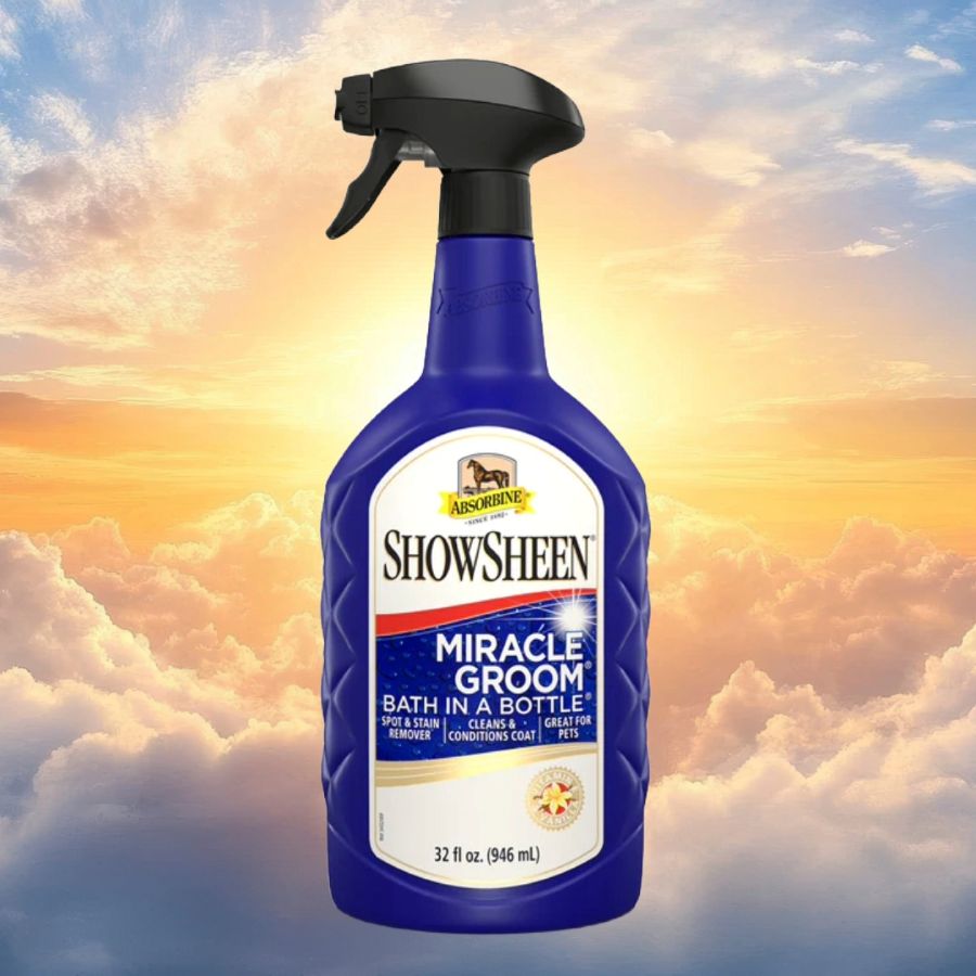 Absorbine ShowSheen Miracle Groom bottle against a cloudy sky background