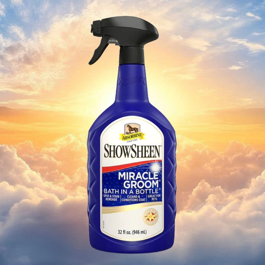 Absorbine ShowSheen Miracle Groom bottle against a cloudy sky background
