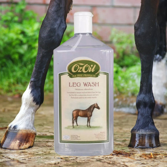 Oz Oil Leg Wash for horses in a bottle with a horse's legs being washed in the backround