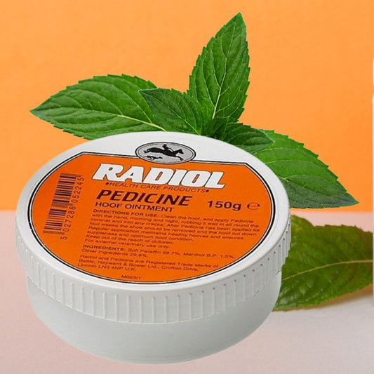 Radiol pedicinene hoof ointment container with green menthol leaves on an orange background