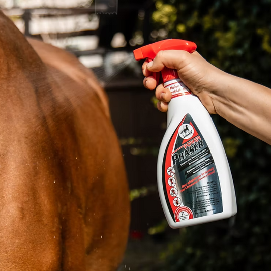 Person holding a bottle of Power Phaser horse fly repellent spray next to a horse