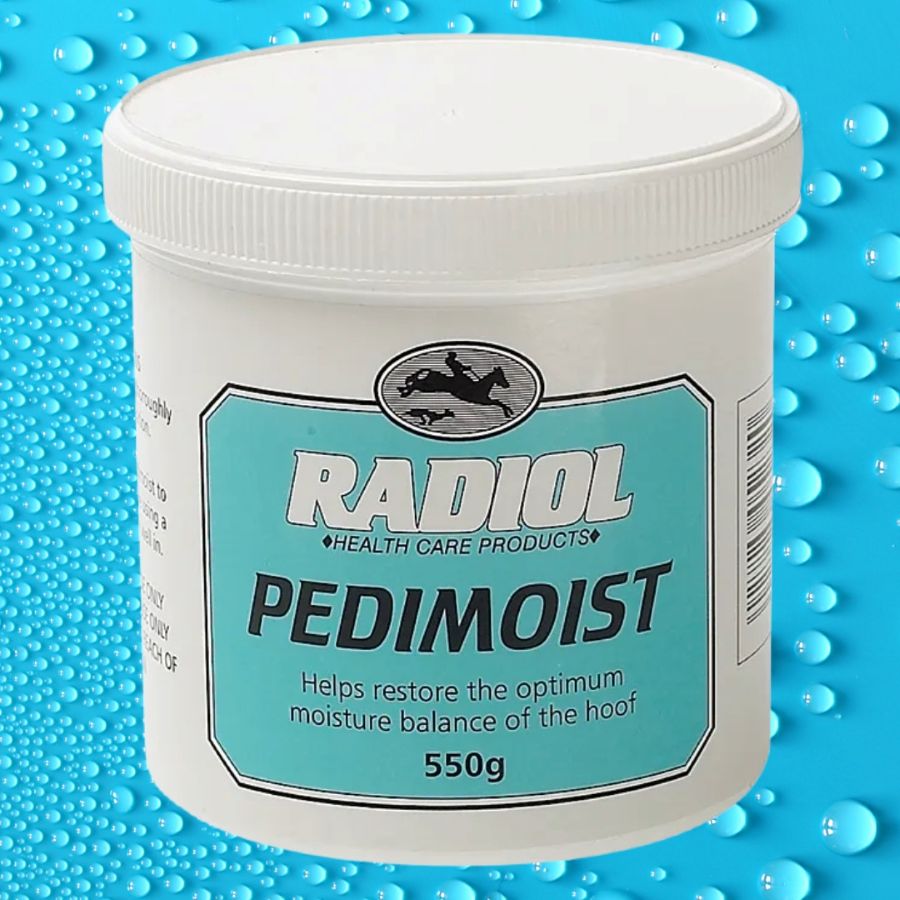 Radiol Pedimoist  hoof condtioner for horses product container on a blue background with water droplets