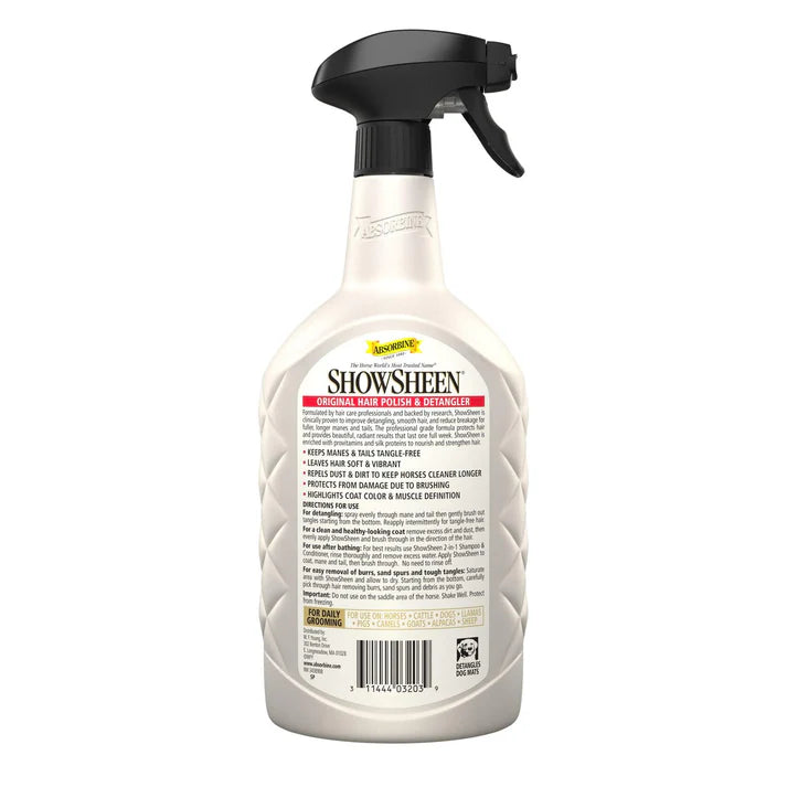 The back label of ShowSheen hair polish and detangler bottle on a white background
