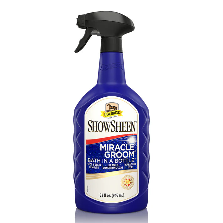 Blue bottle of Absorbine Showsheen Miracle Groom for horses on a white background