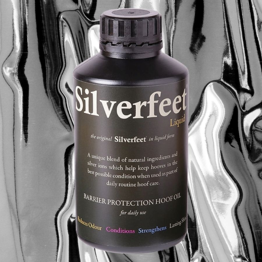 Bottle of Silverfeet Hoof Liquid for horses on a reflective silver background
