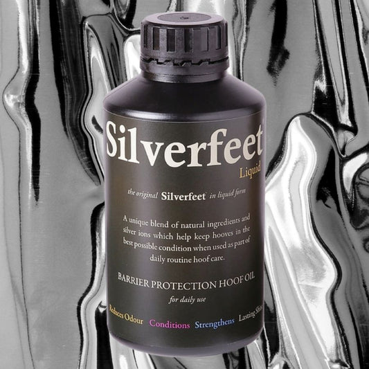 Bottle of Silverfeet Hoof Liquid for horses on a reflective silver background
