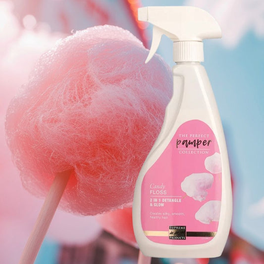 Candy Floss Detangle Spray for horses with bottle labeled 'The Perfect Pamper Collection' with candy floss in the background