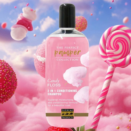 Candy Floss Horse Shampoo bottle with a lollipop and cotton candy in a colourful background