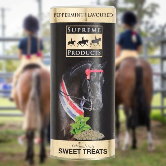 Supreme Products sweet treats can with horses in the background