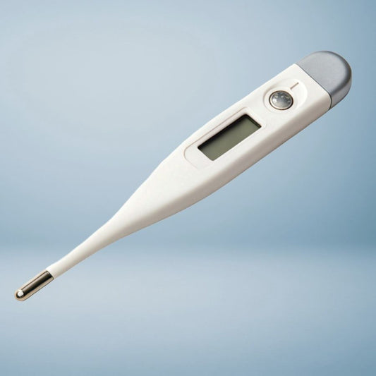 Digital thermometer on a light blue background