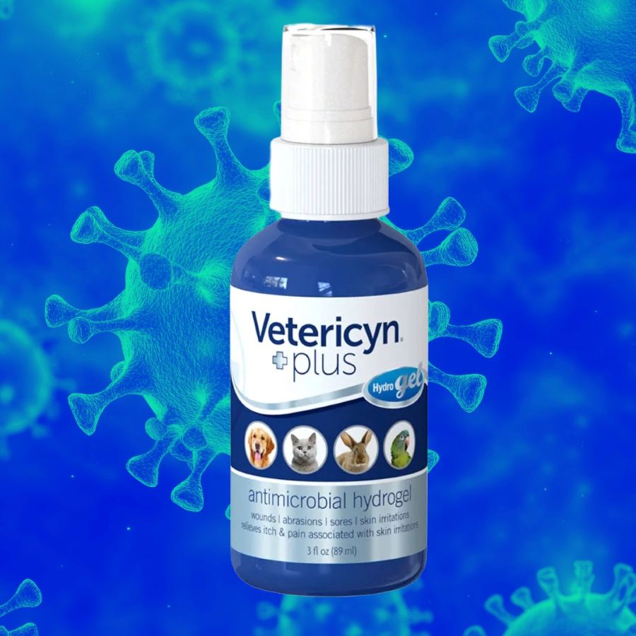 Bottle of Vetericyn plus antimicrobial hydrogel with virus models on a blue background