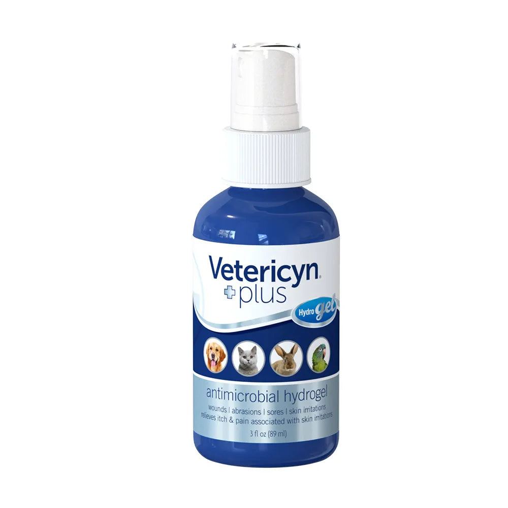 Veterericyn plus antimicrobial hydrogel bottle on a white background